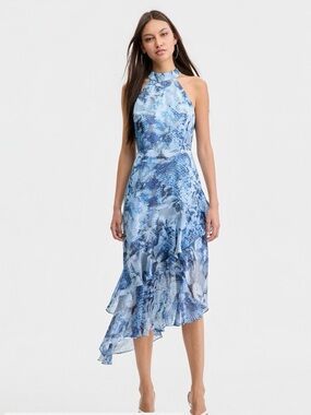 Guess Blue Mixed-Print Halter Asymmetric Midi Dress